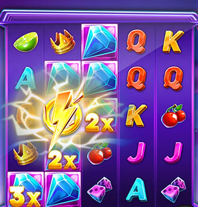 The Dandy Diamonds board: five reels of five symbols with diamonds carrying 2x and 3x labels and a bolt flashing between them
