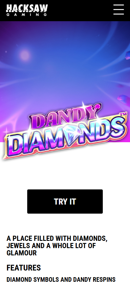 Official Dandy Diamonds page in a portrait mobile browser with neon game logo